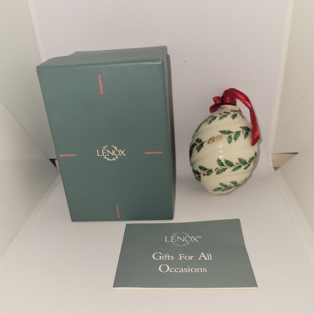 Lenox Cream Ornament with Red Ribbon and Green Holly